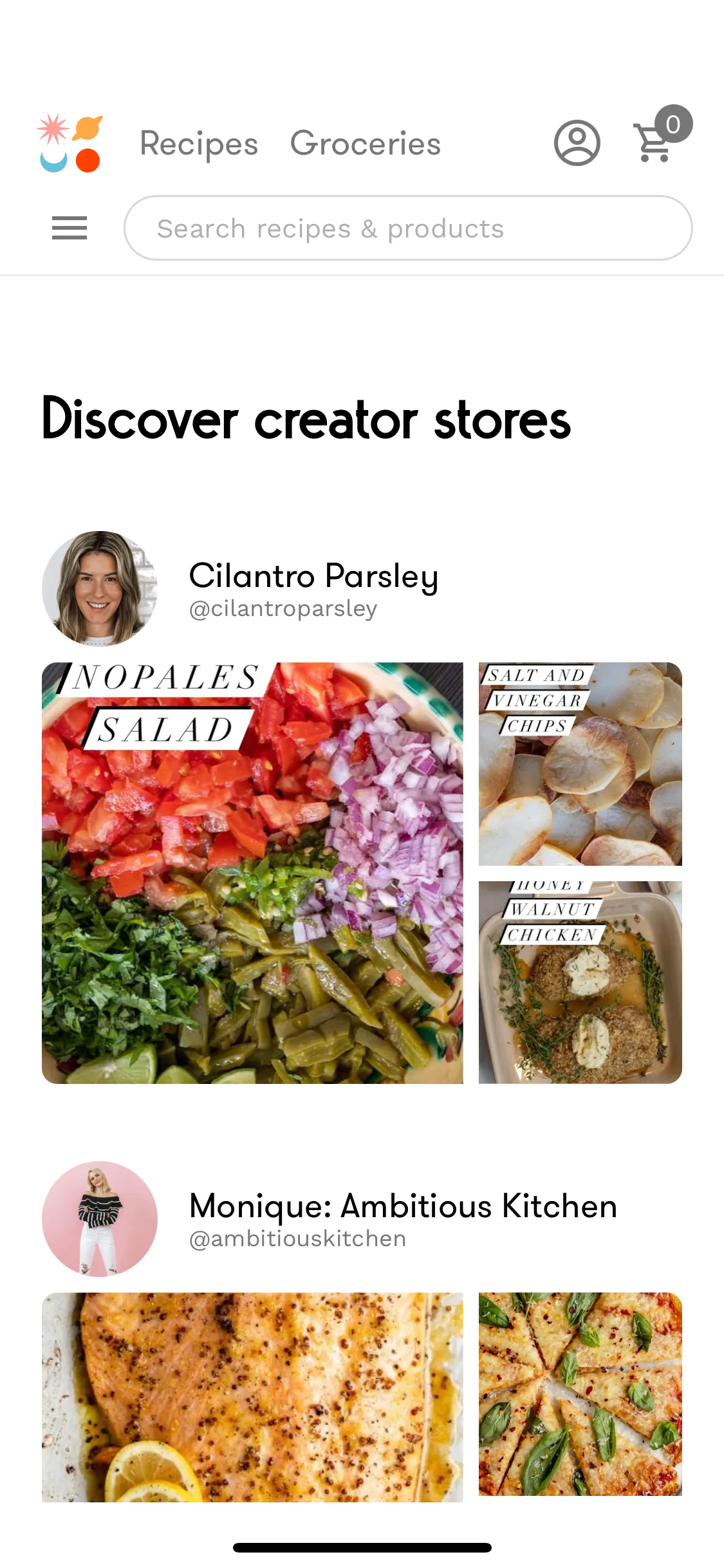 Screenshot of an app that shows "Discover creator stores" above in-app images of food