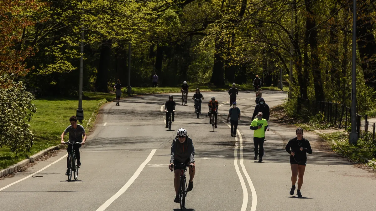 People bicycle and jog on a paved path lined by trees