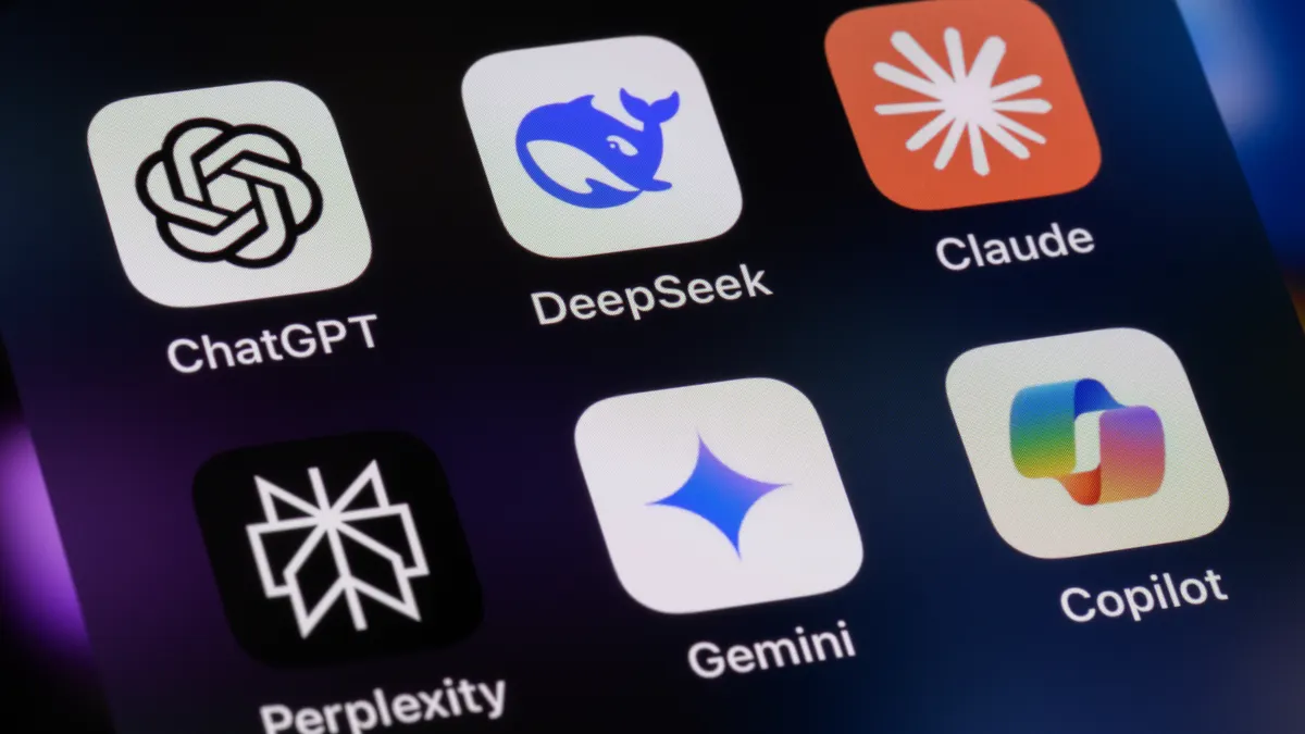 Popular AI virtual assistant apps on a smartphone, including ChatGPT, DeepSeek, Anthropic Claude, Perplexity, Google Gemini and Microsoft Copilot.