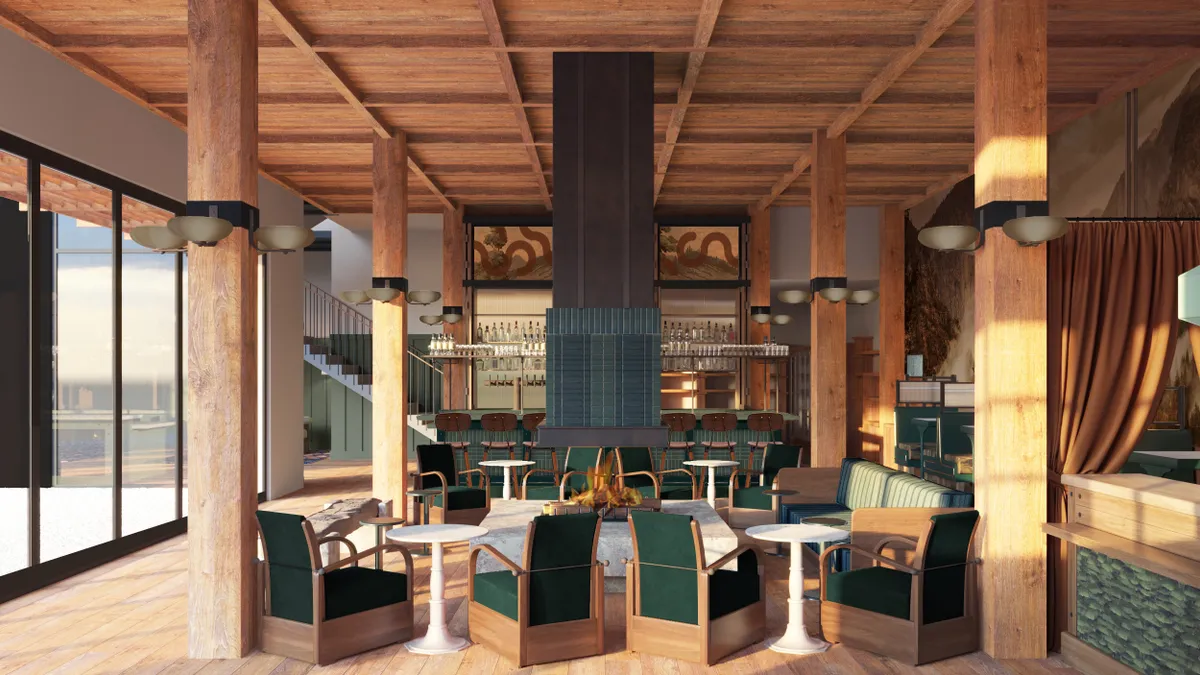 A rendering shows the lobby of an Outbound Hotels property near Yosemite