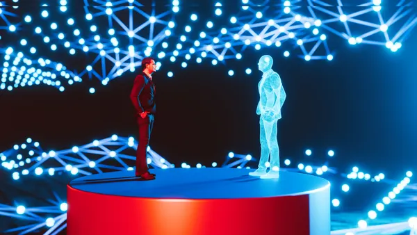 Man standing on a red platform, facing a holographic digital twin of himself.