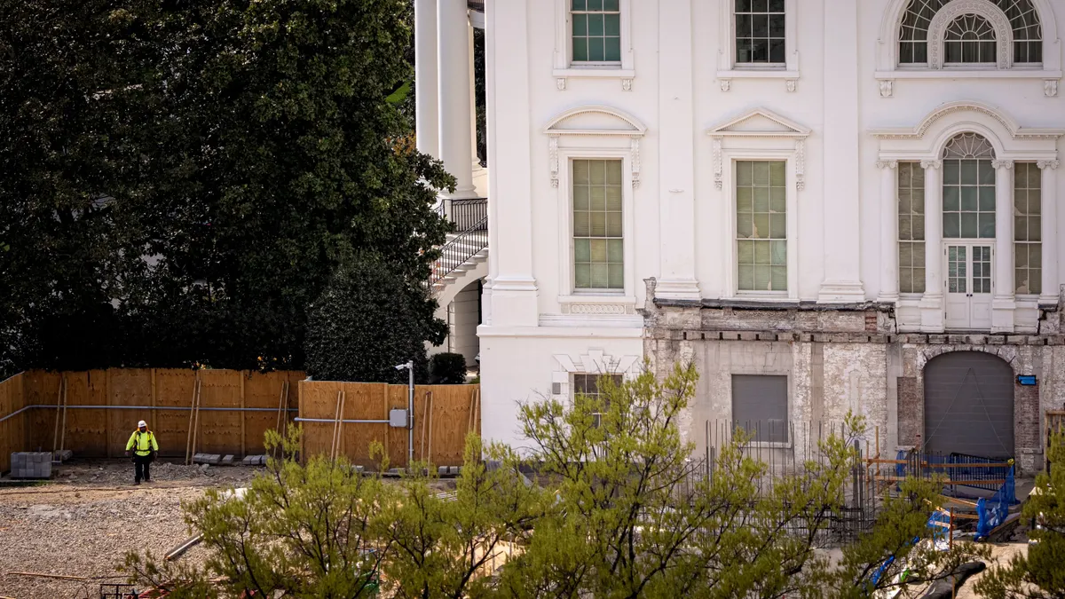 An aerial view of a construction project at the White House.