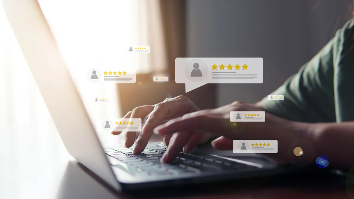 Five star icon on visual screen for positive customer feedback