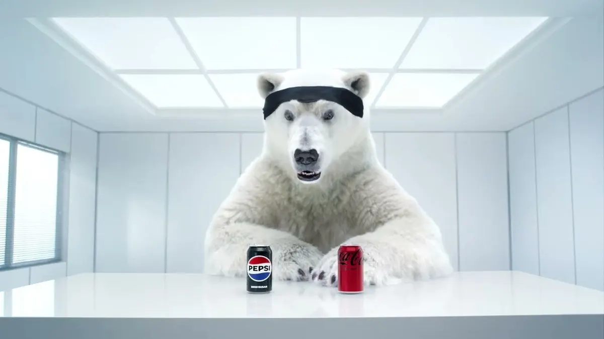 Pepsi campaign imagery showcasing a polar bear prepping for a taste test of Coke Zero and Pepsi Zero Sugar.
