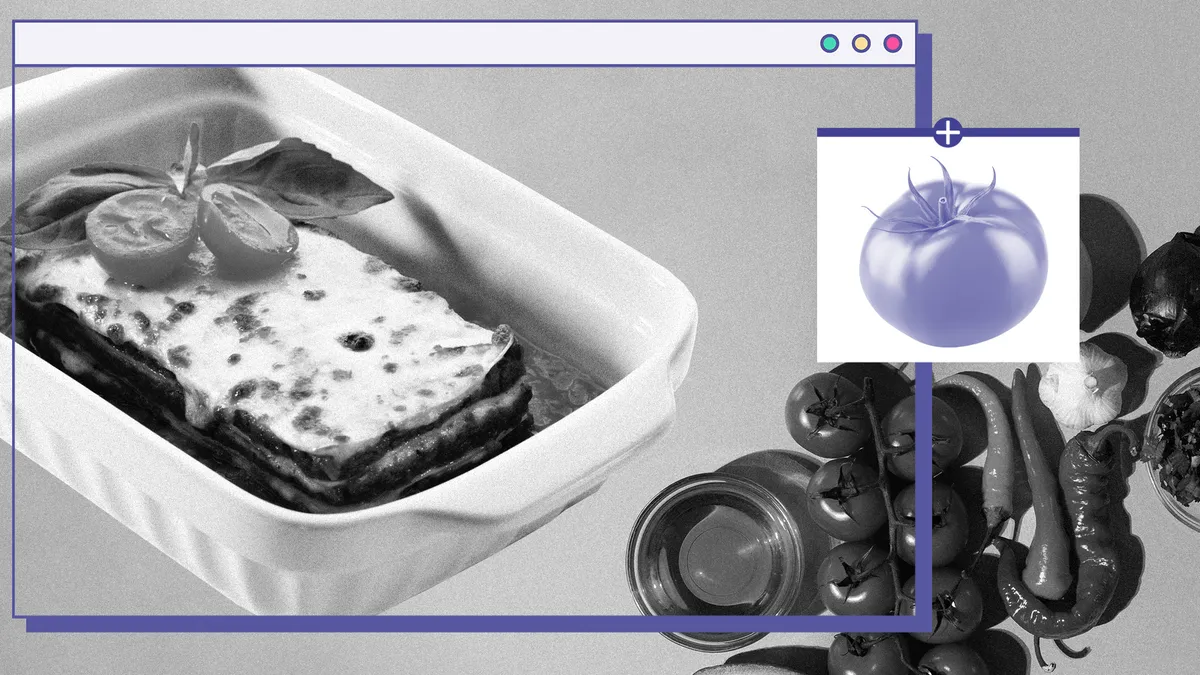 A photo illustration of lasagna and ingredients overlaid with a web browser.