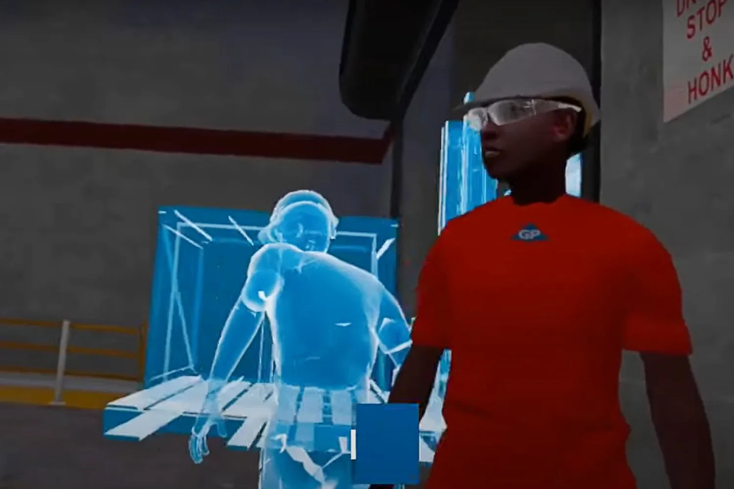 A screengrab of a virtual reality training video with digital depictions of humans in an industrial setting.