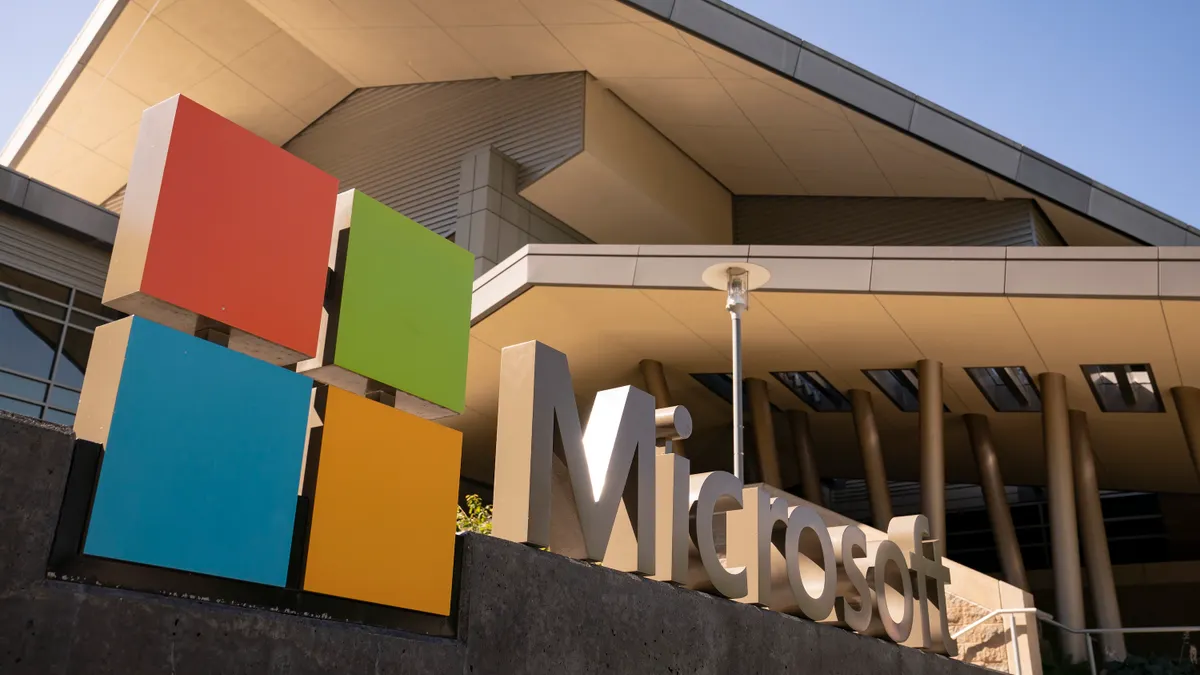 The Microsoft logo is pictures on the technology company's headquarters in Redmond, Washington, on July 3, 2024.