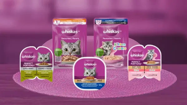 A variety of Whiskas cat foods in containers and pouches.