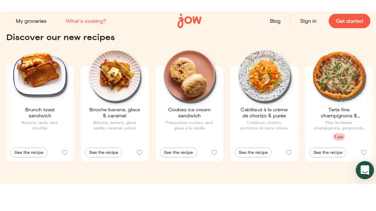 Screenshot of Jow's website showing recipe suggestions for meals.