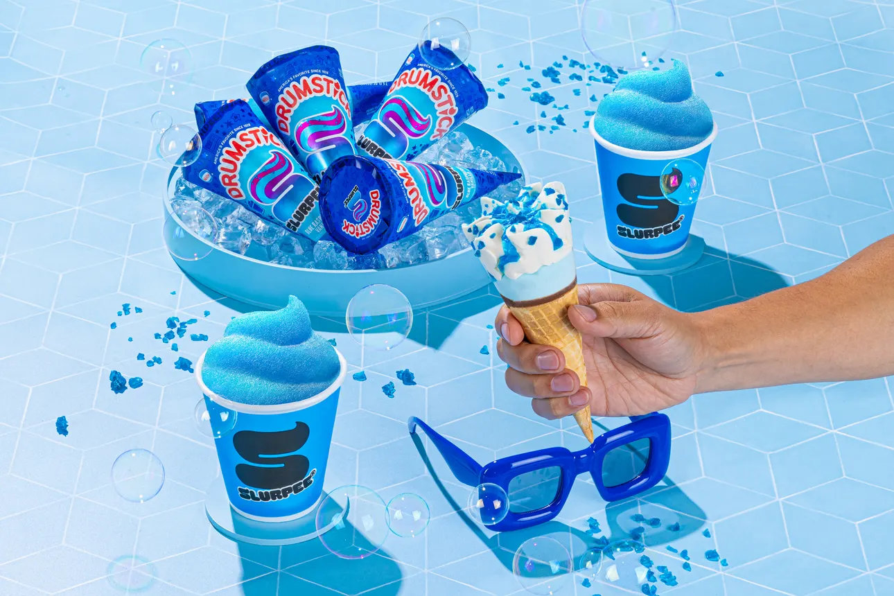 Drumstick and 7-Eleven are partnering to launch a Drumstick Slurpee Blue Raspberry Vanilla Cone.