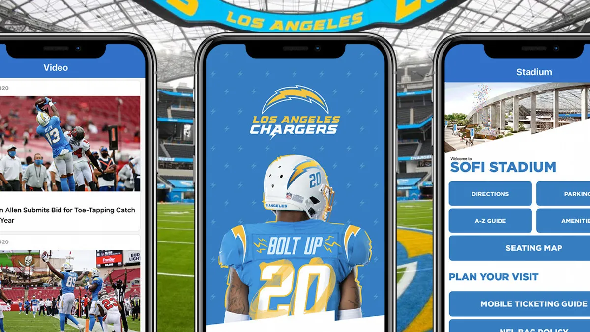 Los Angeles Chargers new mobile app developed by YinzCam, retrieved by Mobile Marketer on Oct. 8, 2020