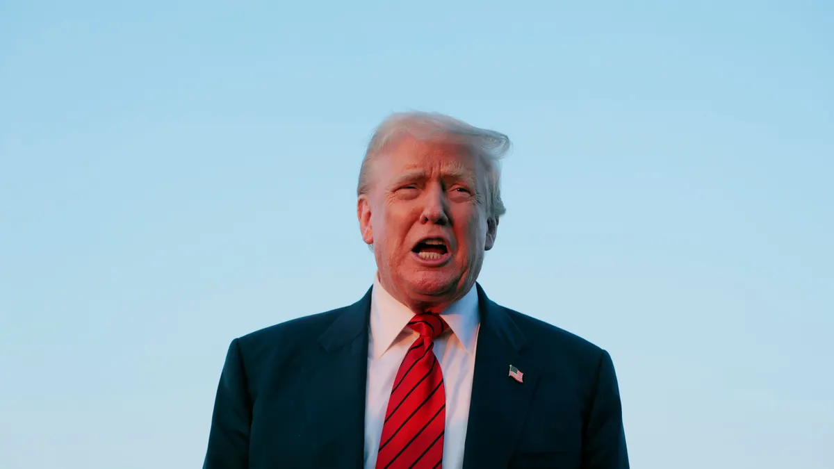 President Donald Trump speaks to reporters at the the Lehigh Valley International Airport on Aug. 3, 2025, in Allentown, Pennsylvania.