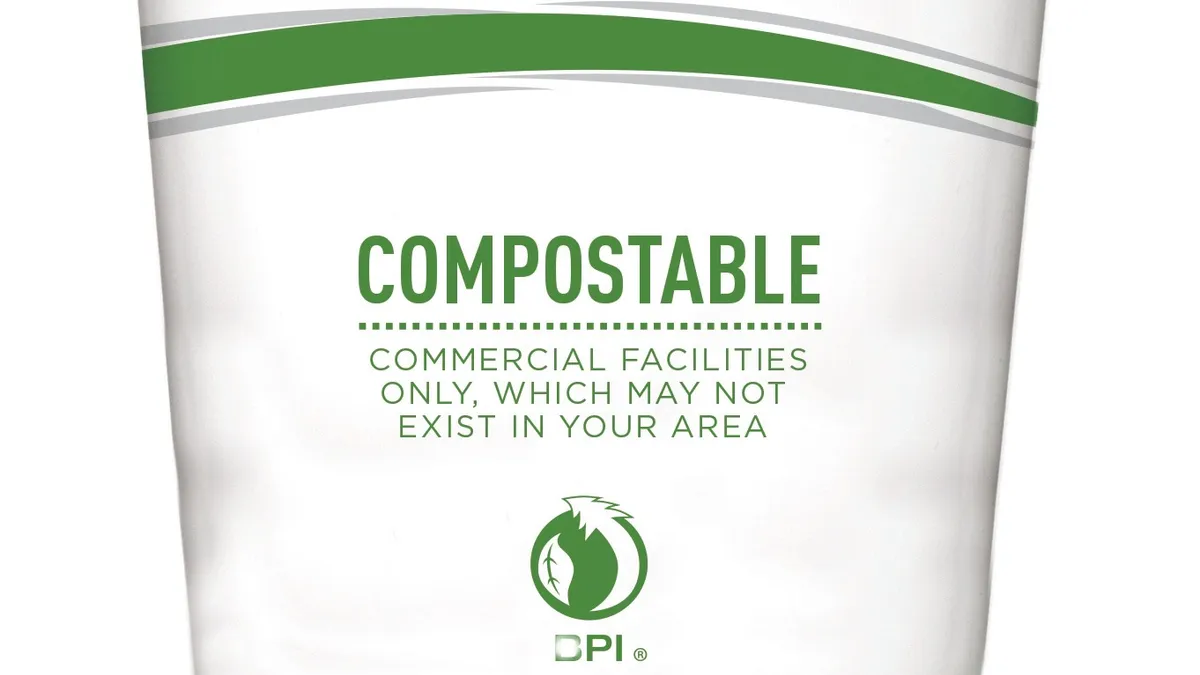 Compostable cup with BPI certification on the front