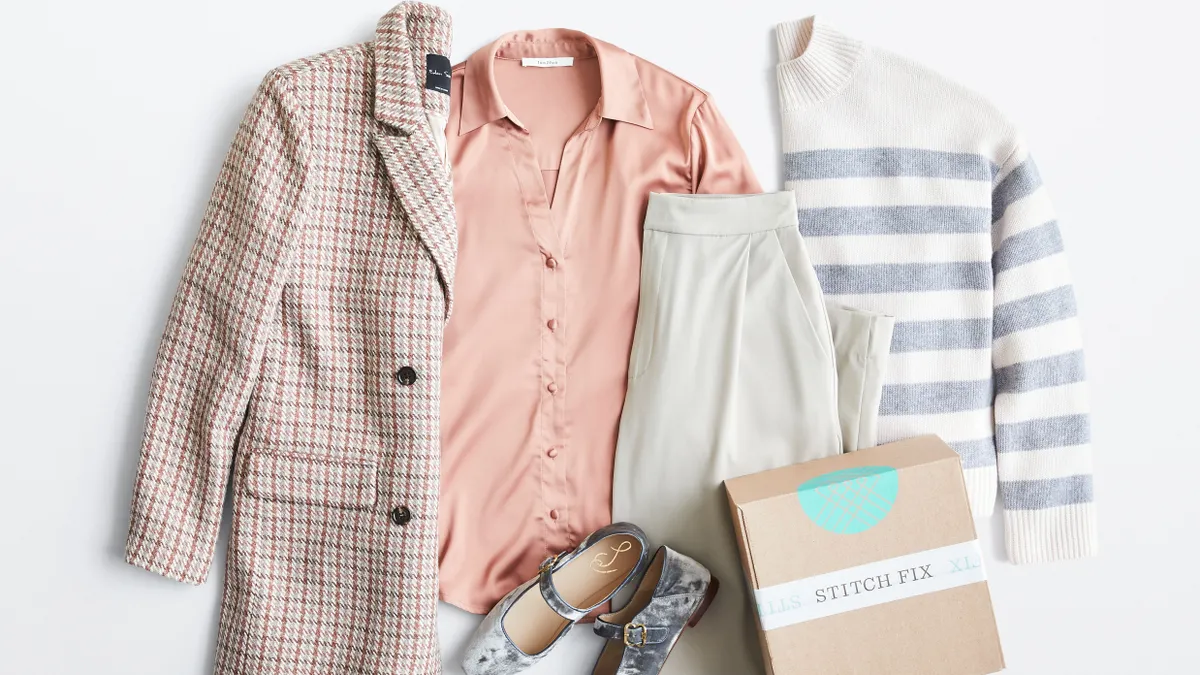 Five pieces of clothing, with a cardboard box labeled "Stitch Fix."