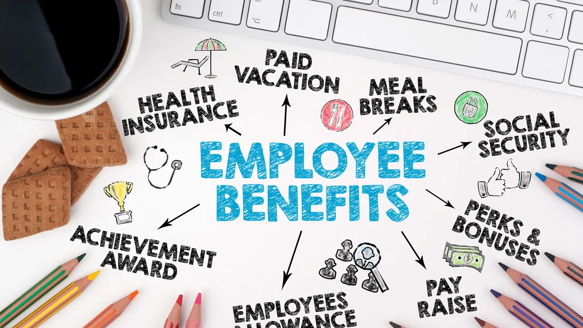 Employee Benefits Concept. Computer keyboard, pencils and coffee with cookies on the table.