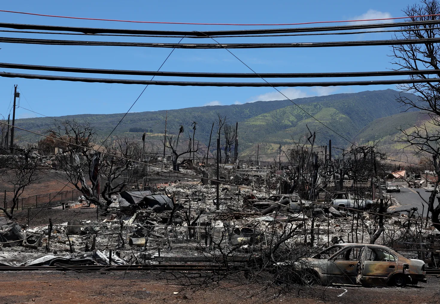 A view of a neighborhood destroyed by a wildfire in Lahaina, Hawaii.