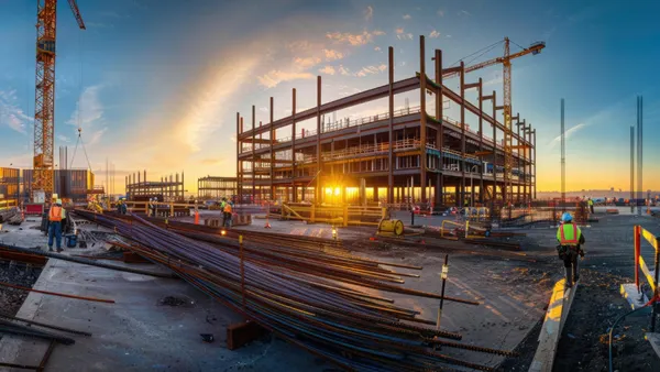 robotic crane working at construction site at sun rise with morning sky scape.