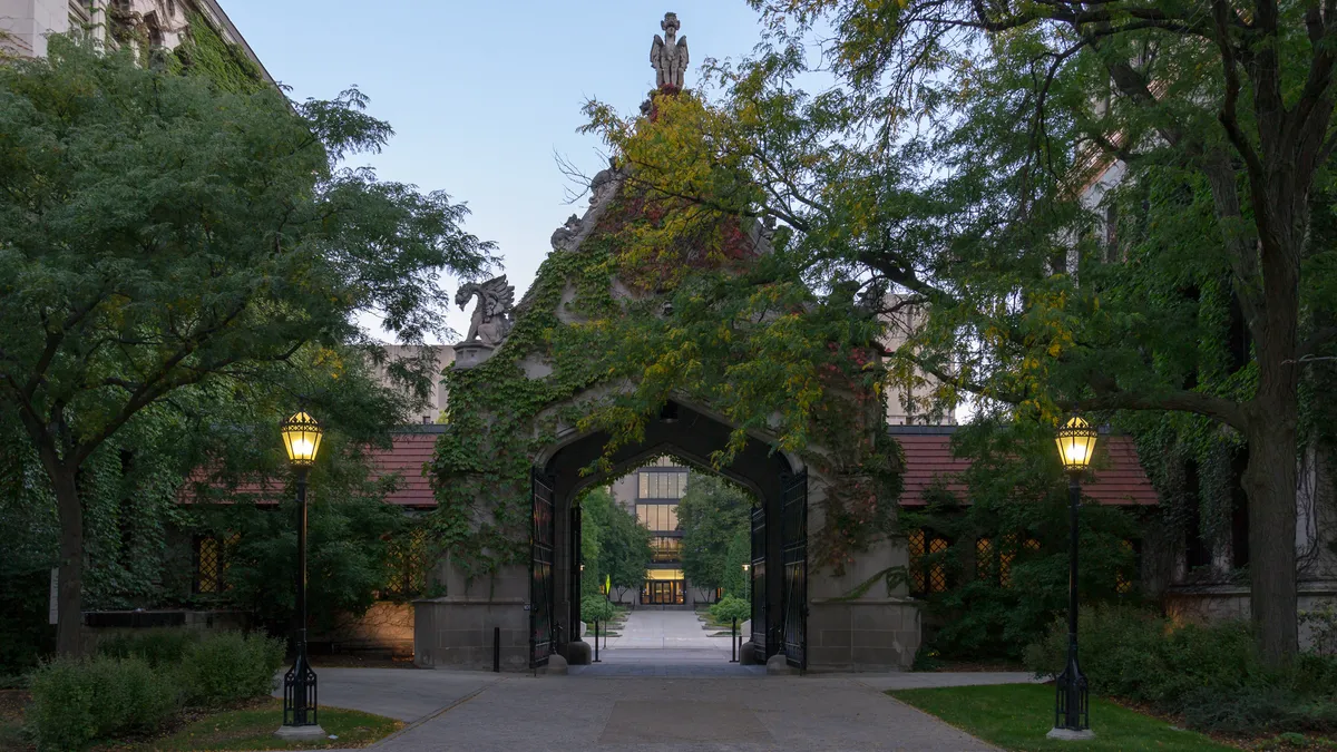 South façade of the Cobb Gate at the University of Chicago.