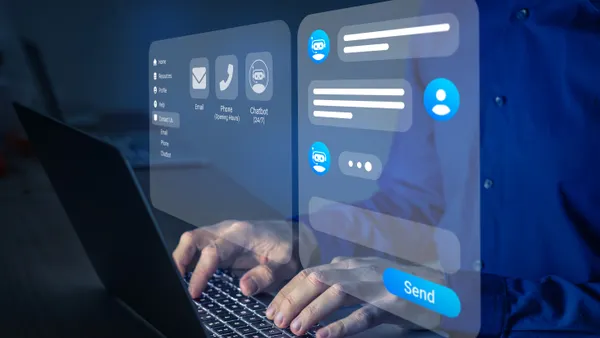 Chatbot conversation. Person using online customer service with chat bot to get support. Artificial intelligence and CRM software automation technology. Virtual assistant on internet.