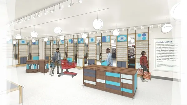 An artistic rendering of a Warby Parker store inside a Target