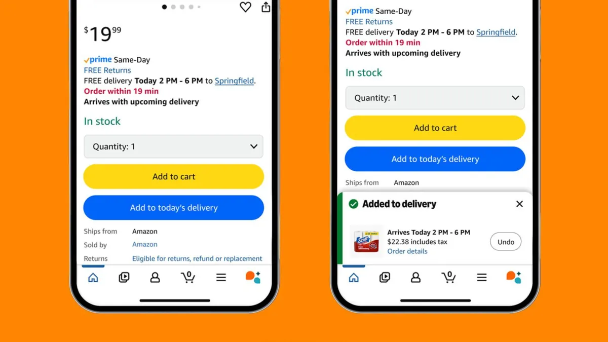 Two screenshots of an Amazon add to delivery function button