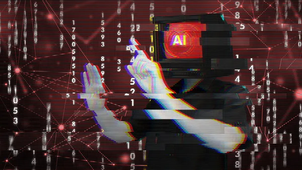 Glitching corrupted AI system hacked on red matrix background