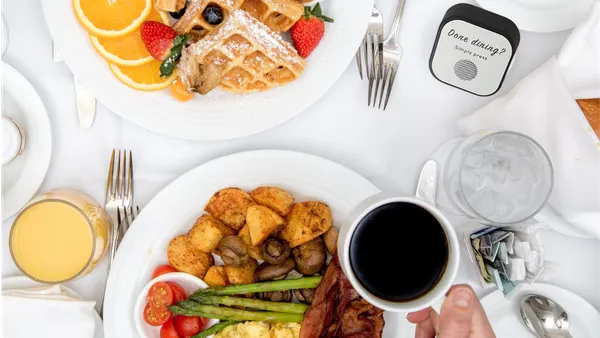Hotel room service tray pictured
