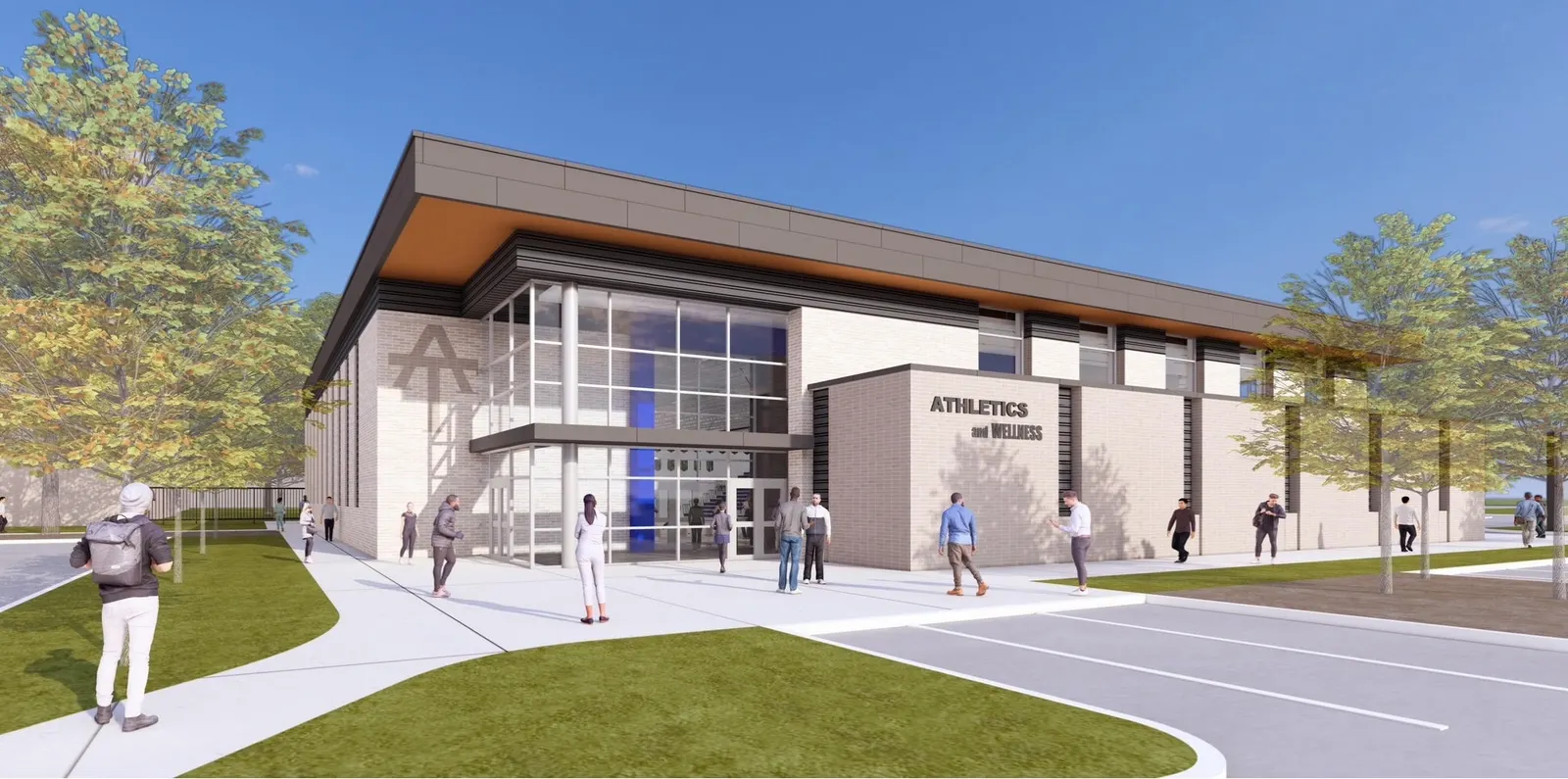 A rendering of a new building dubbed "athletic complex." It's on a bright blue day.