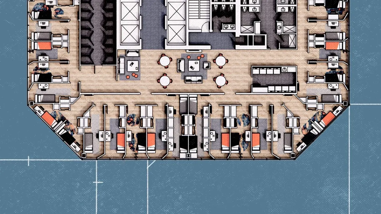 A rendering of a floor plan for a building, with small bedrooms along the edges of the building and common spaces in the building core.