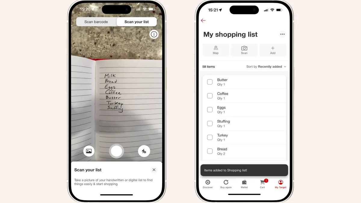 Two screenshots of Target's handwritten to digital shopping list functionality