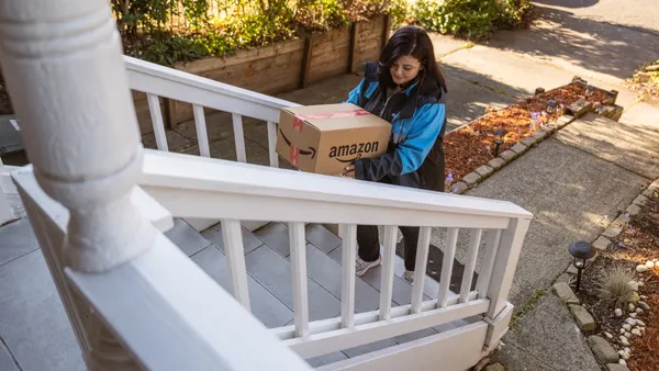 A person with a cardboard box marked "Amazon" going up steps outside.