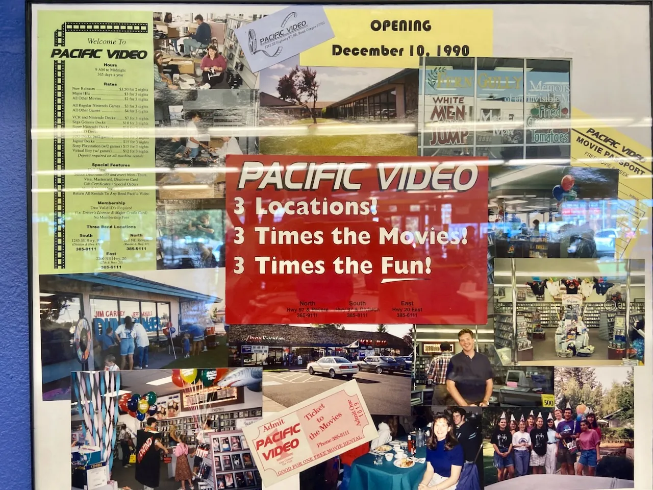 A collage of photos, tickets and other memorabilia celebrating a video rental store called Pacific Video.