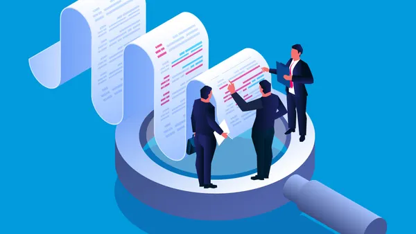 Bill analysis and test check, isometric three businessmen standing on a magnifying glass to discuss and analyze billing data
