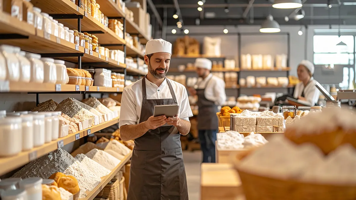 A smiling baker in a white hat and apron uses a tablet in a cozy, well-lit bakery. Shelves display various breads and jars. Two staff work in the background.