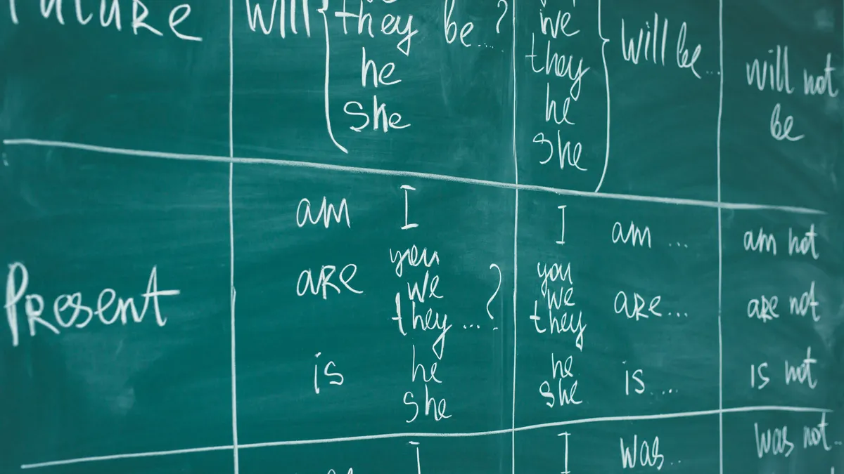 Verb and verb tenses are written in chalk on a chalkboard