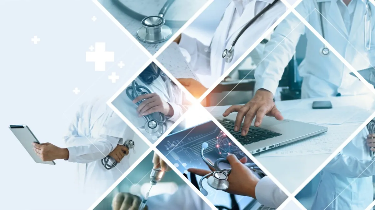 Multiple pics of medical professionals with laptops, computers and hand held medical equipment