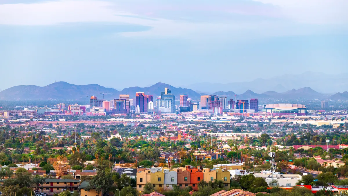 Downtown skyline view of high-rise buildings in Phoenix, Arizona.