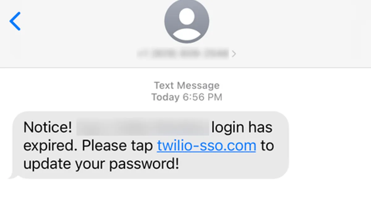 A sample phishing text message provided by Twilio.