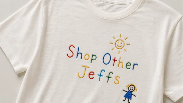 A white shirt with multi-colored lettering saying "Shop Other Jeffs"