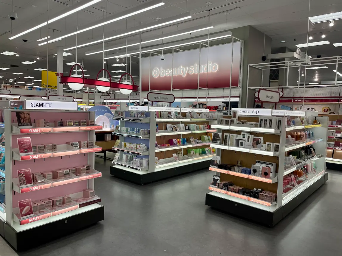 The new Target beauty Studio concept, featuring curated shelves of different products, including hair and nail products