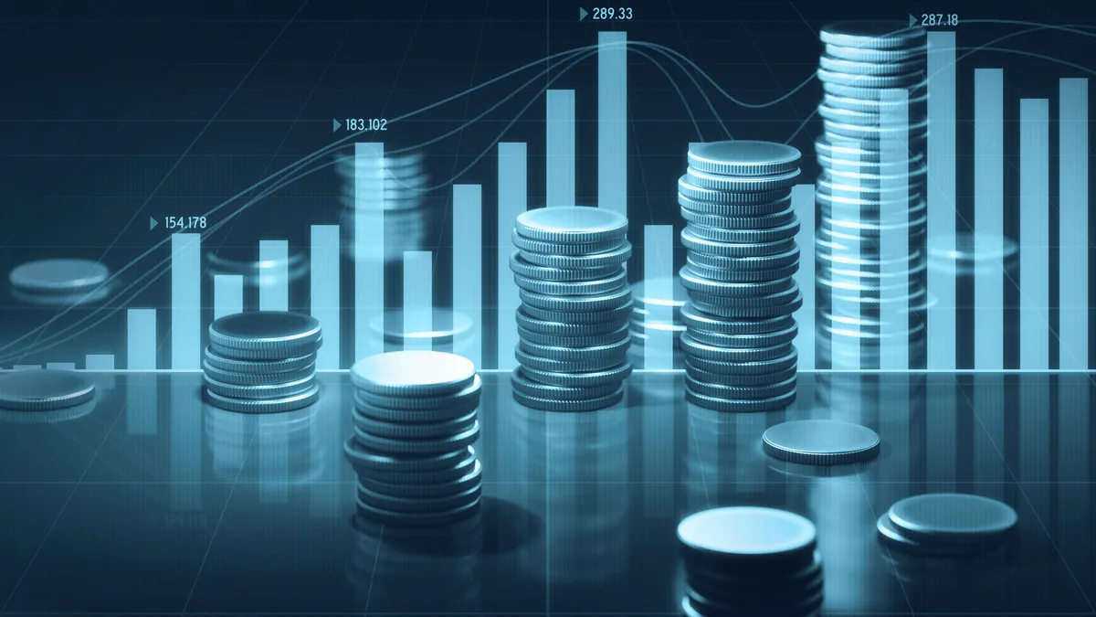 Coin stacks and blue bar and line graphs on black background.