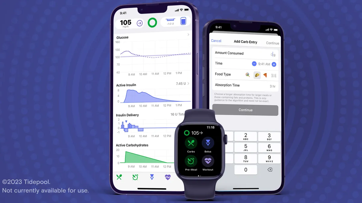 Two smartphones with a smart watch in between show glucose levels, active insulin, and carb entries from a meal.