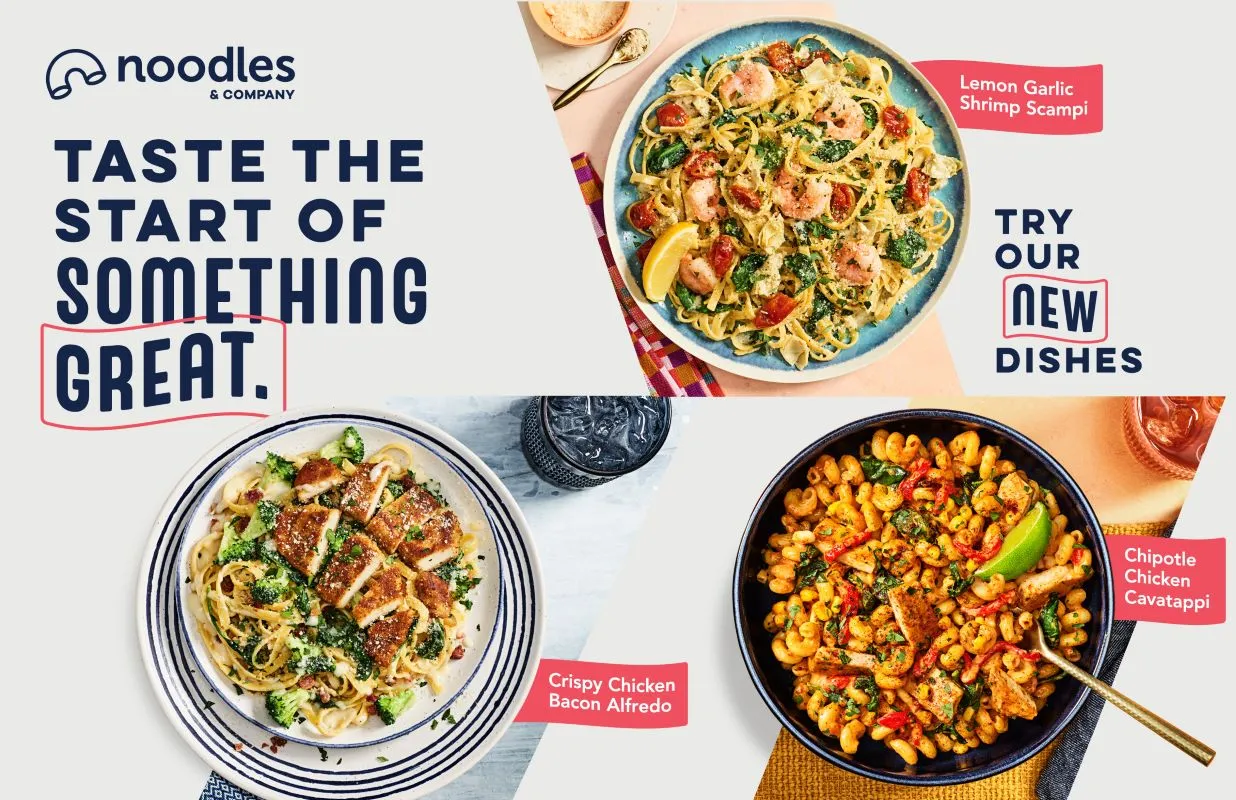 An image of three noodle dishes from Noodles & Company