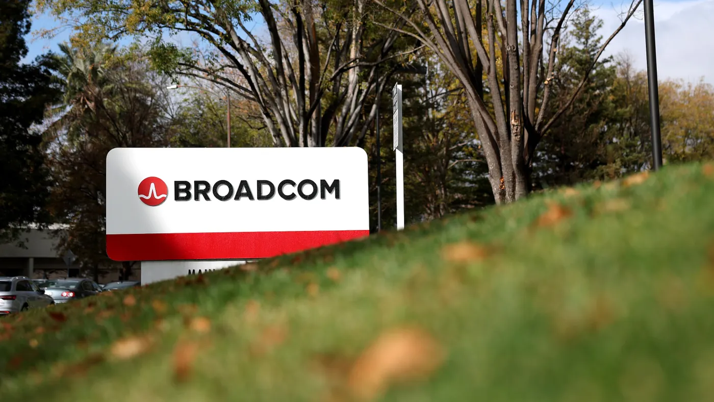 A sign is posted in front of a Broadcom office on December 12, 2024 in San Jose, California.