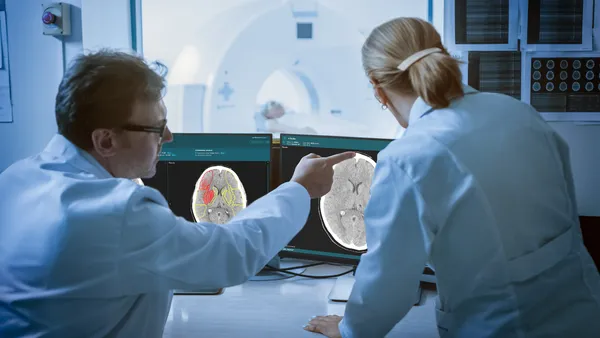 Two doctors look at two computer screens that have medical images of a patient's brain.