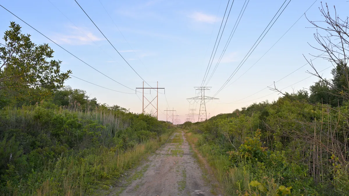 Power lines run above a road.