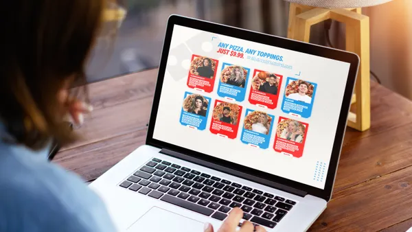 A consumers sits at a computer opened to landing page featuring the pizza orders of influencers and other celebrities.