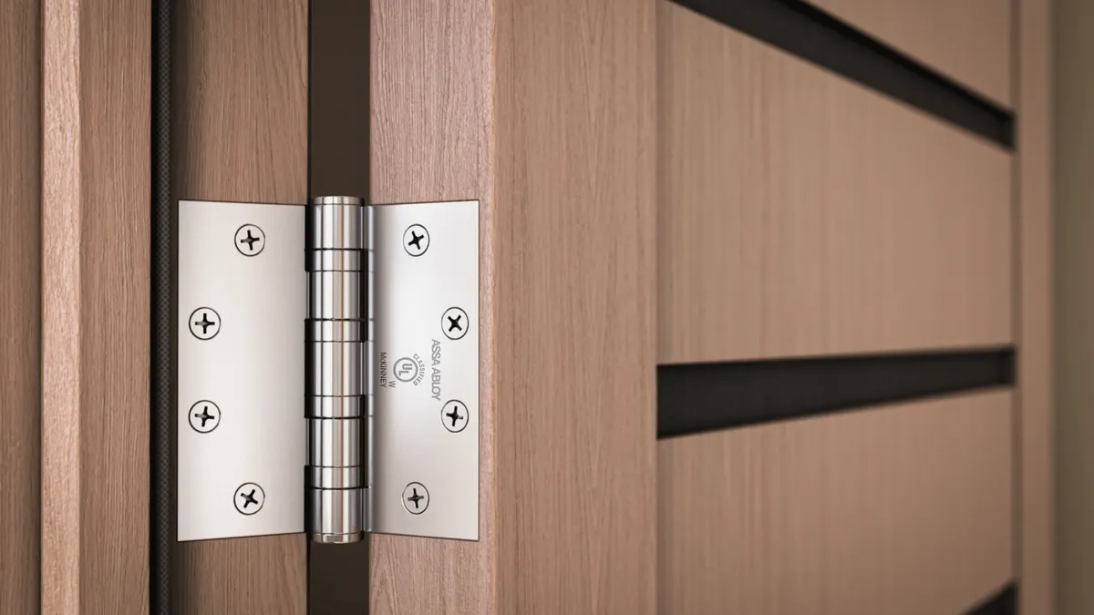 Metallic ASSA ABLOY hinge on wooden door.