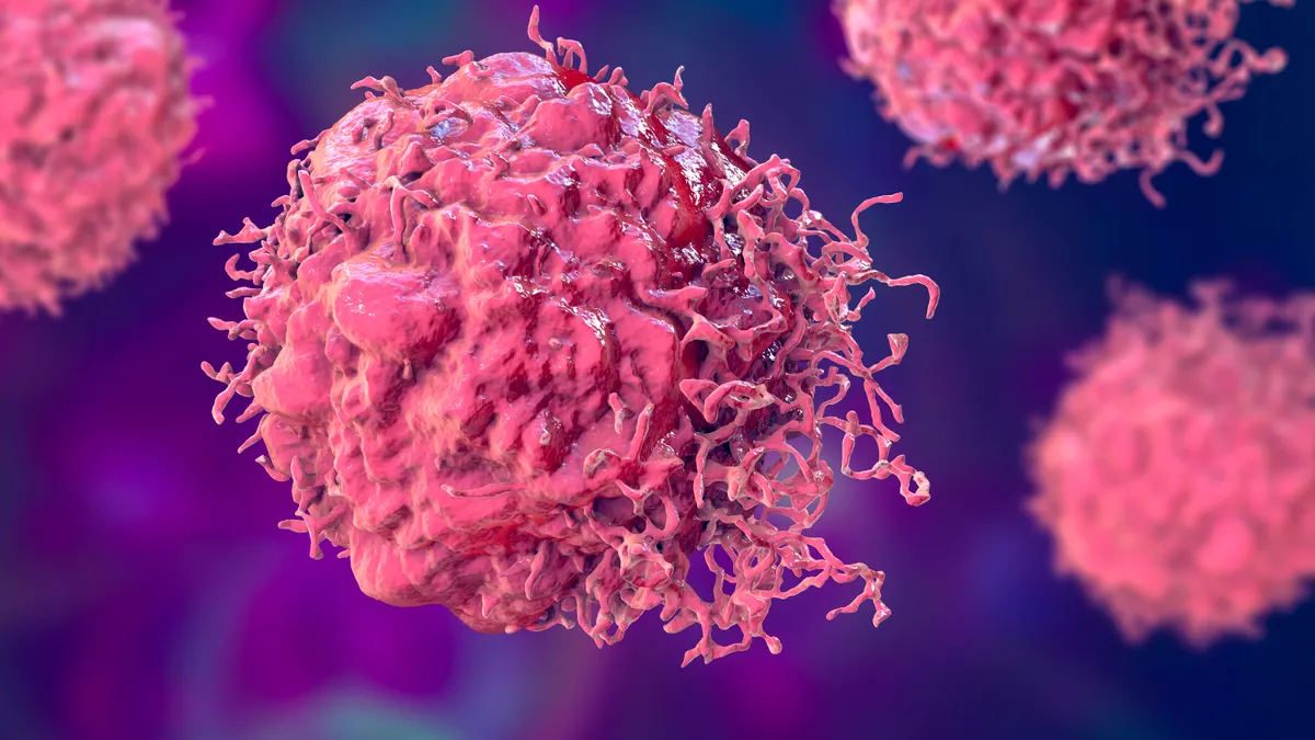 A 3D illustration of cancer cells.