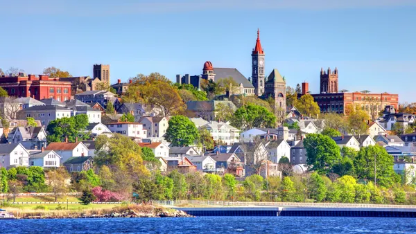 A waterfront town.